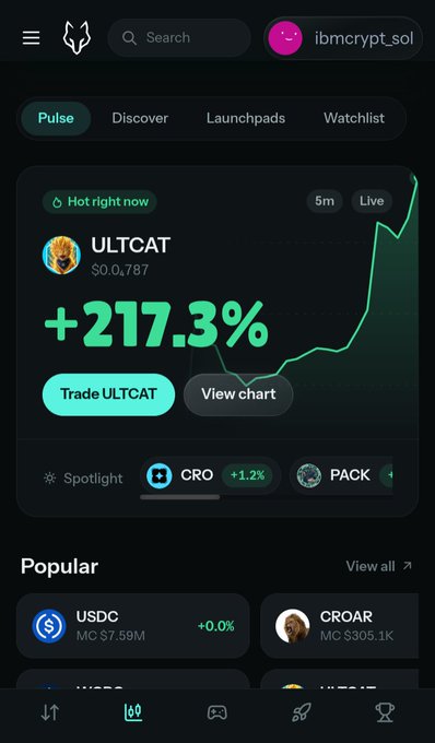 A cryptocurrency trading app screenshot shows a 'Hot right now' token called ULTCAT priced at $0.1,787 with a +217.3% gain and an upward trending chart, under the username 'ibmcrypt_sol'.