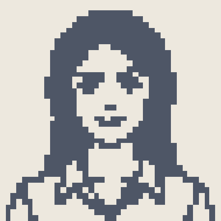 A pixel art style blue-toned portrait of a woman with long hair wearing sunglasses.
