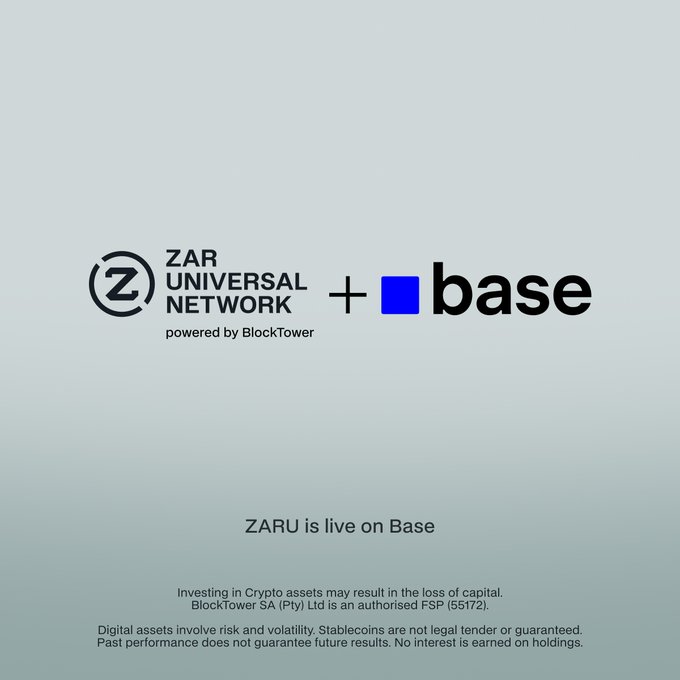 The image displays a promotional graphic announcing that ZARU (ZAR Universal Network), powered by BlockTower, is now live on Base, featuring the logos of both ZAR Universal Network and Base alongside the text "ZARU is live on Base" and a regulatory disclaimer about crypto investment risks.
