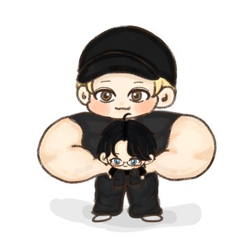 A chibi-style illustration shows a large, muscular cartoon character in a black cap and shirt cradling a small dark-haired figure, with the hashtags #JUNSEO, #XINLONG, and #LEO appearing to represent the trio in a big-brother-protecting-little-brother dynamic.