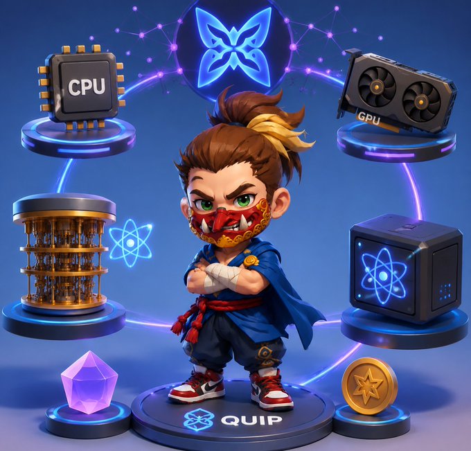 A chibi-style character in a blue outfit and red mask standing on a pedestal labeled 'QUIP', surrounded by glowing icons representing a CPU, GPU, quantum computer, storage, a gem, and a star coin.