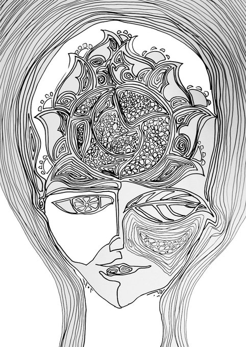 A detailed black and white line drawing of a stylized female face featuring an elaborate, patterned headdress, large patterned eyes, and decorative hair.