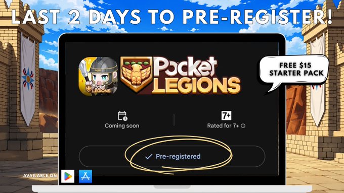 In the image, there are two main elements - a computer monitor displaying Pocket Legends and a sign promoting the game for $15. The Monitor shows an app icon with a sword and shield graphic, which suggests that the game is designed as a mobile strategy RPG set in the World of Warcraft (WAD). The sign, located on a wall next to the screen, advertises the availability of a free starter pack for the upcoming release of Pocket Legends. This offers an early bird discount if you pre-register before June 18.