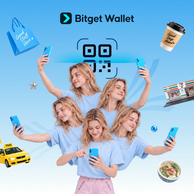 The image is a promotional graphic for **Bitget Wallet**, featuring a young woman shown in multiple poses surrounded by everyday items—a taxi, 7-Eleven store, shopping bag, coffee cup, and a noodle bowl—all illustrating seamless crypto QR payments. The "Bitget Wallet" logo appears at the top with a QR code icon, reinforcing the post's caption about the ease of paying with crypto via QR code wherever you go.