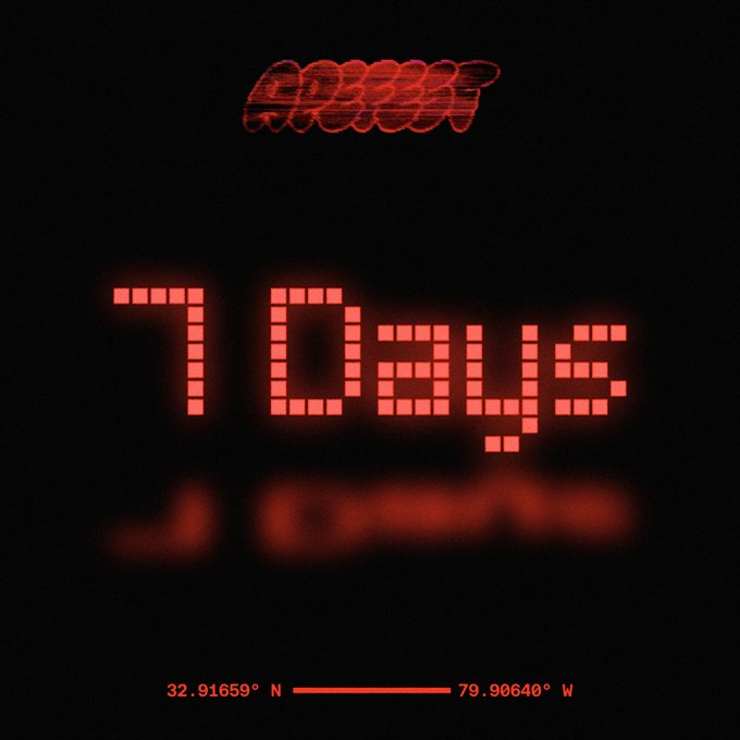 A glitch-art style digital display shows "7 Days" in red pixelated text with "APEFEST" appearing warped at the top and bottom, accompanied by the coordinates "32.91659° N 79.90640° W" at the bottom, counting down the seven days until the start of ApeFest.