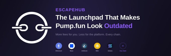 The image is a promotional banner for "ESCAPEHUB" featuring a stylized link/chain logo and the tagline "The Launchpad That Makes Pump.fun Look Outdated," along with the subtext "More fees for you. Less for the platform. Every chain." Below the headline are icons representing supported blockchains: Ethereum, Base, Arbitrum, BSC, Solana, and "Any chain." The banner visually reinforces the post's message by highlighting EscapeHub's multi-chain, mobile-first approach to token creation and trading across major networks in one unified platform.