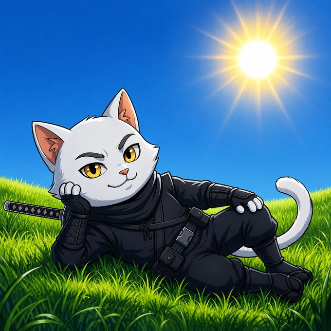 An anime-style illustration of a white cat character dressed as a ninja, reclining in a grassy field under a bright sun with a katana.