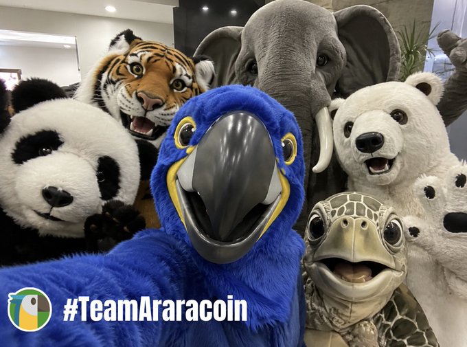 The image features five stuffed animals posing together, including a tiger, an elephant, a panda bear, a blue bird, and a turtle. The caption of the image reads "Today is National Mascot Day! Some mascots are reminders that countless species are still fighting for a future worth protecting." This post seems to be promoting awareness about the importance of preserving various species and their habitats.