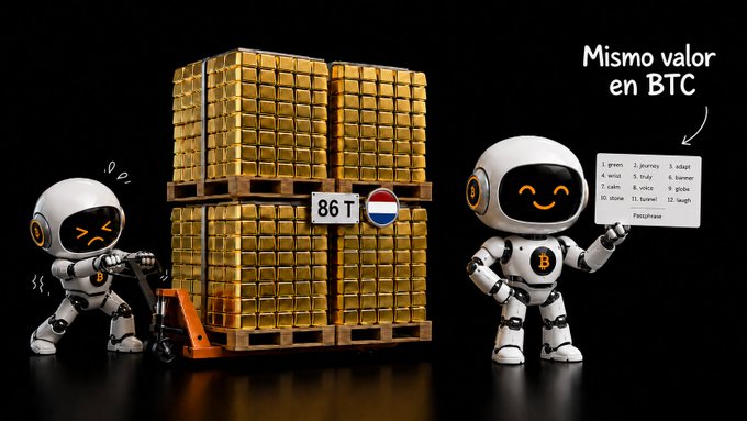 An illustration of two robot figures with stacks of gold bars labeled '86 T' and Bitcoin symbols, alongside a worksheet with a word matching exercise and Spanish text 'Mismo valor en BTC'.