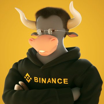 A 3D cartoon bull wearing glasses and a black hoodie with the Binance logo stands with its arms crossed against a yellow background.