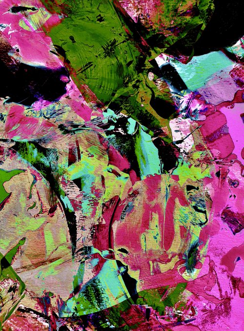 An abstract painting with thick, vibrant brushstrokes in shades of pink, green, teal, and black.