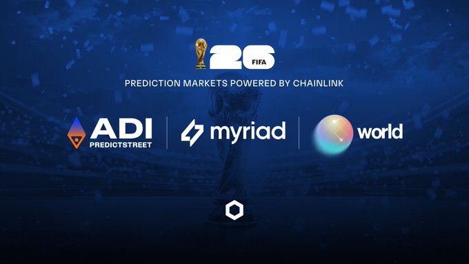 A promotional graphic for Chainlink-powered prediction markets on the 2026 FIFA World Cup, featuring the tournament's logo with "26 FIFA" text and the tagline "PREDICTION MARKETS POWERED BY CHAINLINK," alongside logos for partner platforms ADI Predictstreet, Myriad, and World, set against a blue stadium background with confetti—visually reinforcing the post's announcement of Chainlink enabling instant payouts for prediction markets across the tournament's 48 teams and 104 matches.