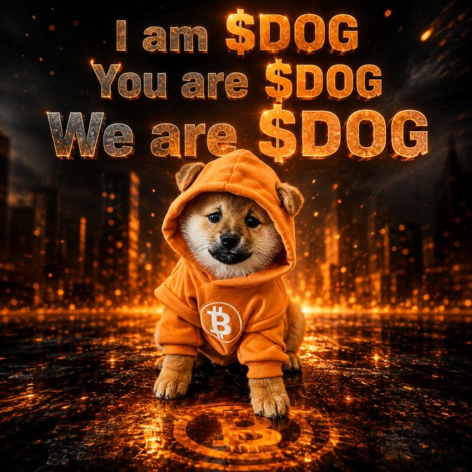 A Shiba Inu dog wearing an orange Bitcoin-themed hoodie sits against a fiery city backdrop, with text declaring 'I am $DOG, You are $DOG, We are $DOG'.