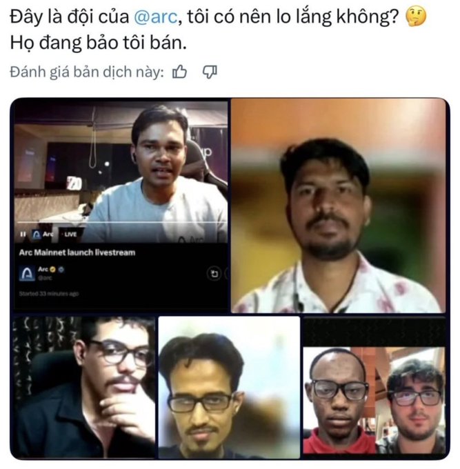 A social media post in Vietnamese discussing a cryptocurrency project, mentioning that "Arc" team is reportedly selling, alongside a screenshot of an "Arc Mainnet launch livestream" with multiple participants.