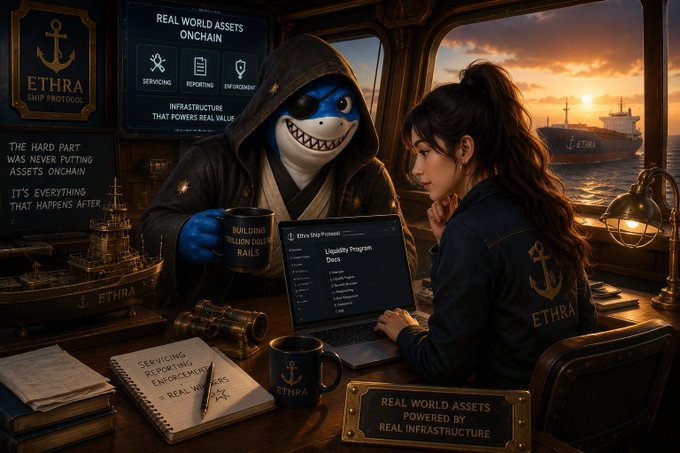 A digital illustration depicting a hooded anthropomorphic shark character and a woman working on a laptop, with on-screen text promoting 'ETHRA SHIP PROTOCOL' and 'REAL WORLD ASSETS ONCHAIN'.