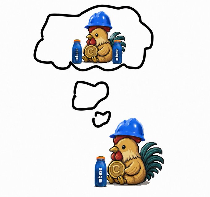 A meme featuring the Base rooster mascot wearing a blue hard hat and holding a 'C' coin next to a 'base' bottle, with a thought bubble above showing an idealized version of itself also with two base bottles.