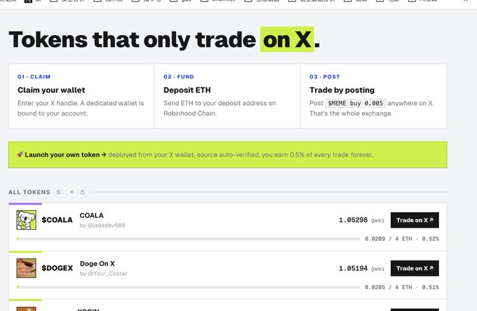 The image shows a website titled "Tokens that only trade on X," detailing a three-step process (Claim your wallet, Deposit ETH, Trade by posting) for trading crypto tokens via X posts, with listed tokens including $COALA (1.05298 gwei, by @jadeve666) and $DOGEX (1.05194 gwei, by @Your__Costar). This relates to the post promoting a new platform called "coala.fun" (x.coala.fun) with an invite code XT-CC4FBE, where users can trade meme tokens exclusively through X posts.