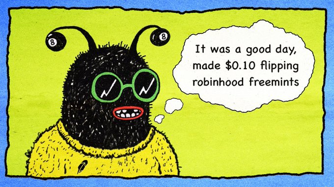 A fuzzy bug with 8‑ball antennae and green glasses declares, “It was a good day