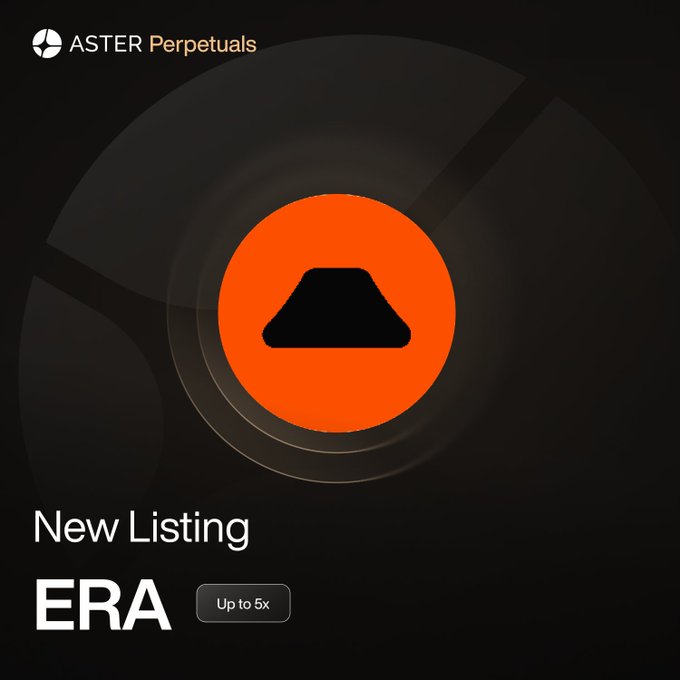 A promotional graphic from ASTER Perpetuals announcing a new listing for ERA with up to 5x leverage, featuring an orange circular logo with a black geometric design, set against a dark background with text reading "New Listing ERA Up to 5x."
