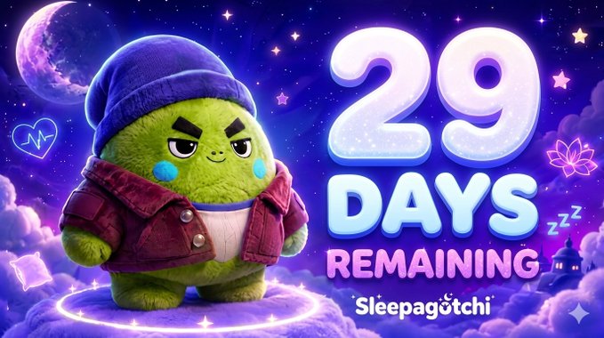 The image features a green stuffed animal character wearing a purple hat standing against a backdrop of stars and clouds. The text "29 days remaining" is displayed below the character, indicating that there are 29 more days until the post goes live. The caption above the image reads "@SLEEPagotchi", suggesting that this post is related to the character or its story.