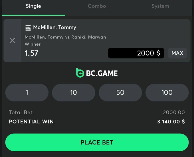 A betting interface on BC.GAME showing a Single bet on McMillen, Tommy (Winner) with odds of 1.57, a $2000 bet, and a potential win of $3,140.00.