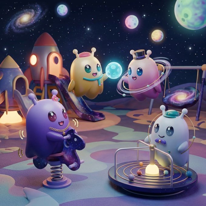 A colorful digital illustration of cute alien characters playing in a space-themed playground with planets and galaxies in the background.