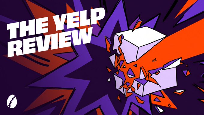 The image is a bold graphic with the text "THE YELP REVIEW" in large white letters on a purple background, featuring an orange and white cube exploding outward with sharp, dynamic fragments. It visually represents the concept of rating and reviewing everything, tying into the post's message about giving stars and reviews to anything and everything on the campaign platform.