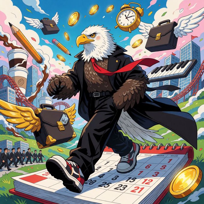 A vibrant illustration of an anthropomorphic eagle in a trench coat and red tie striding across a calendar, surrounded by floating objects like briefcases, coins, a keyboard, and coffee cups.