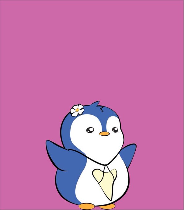 A cute cartoon penguin with a white flower on its head holding a heart, set against a solid pink background.