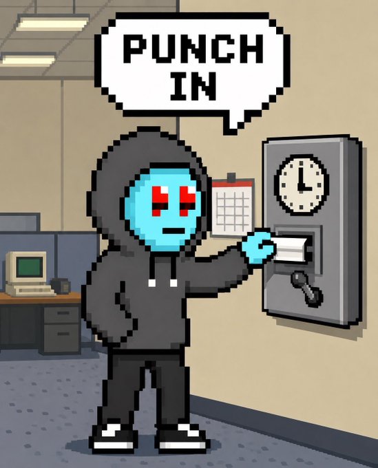A pixel art illustration of a hooded figure with a blue face and red eyes punching a time card into a wall-mounted clock, accompanied by a speech bubble reading 'PUNCH IN'.