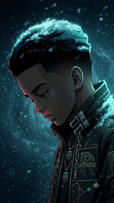 A digital illustration shows a young man in profile with a fade haircut, wearing a dark studded jacket, set against a starry blue background with the text "madbuttar".