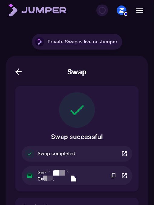 A dark purple-themed mobile interface for 'Jumper' showing a successful swap confirmation with a green checkmark and 'Swap completed' status.