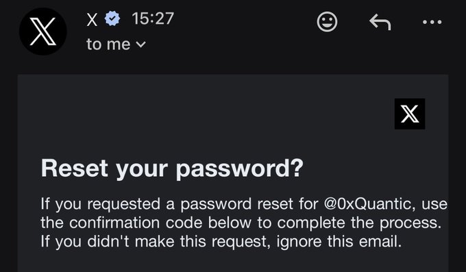 A screenshot of a Twitter/X password reset email addressed to the handle @0xQuantic, shown alongside the caption "come on" to suggest frustration over an unsolicited or repeated password reset request.