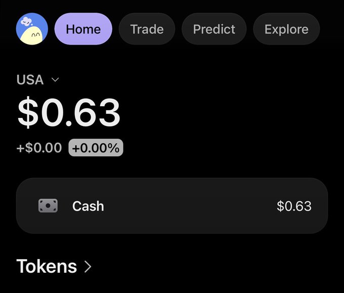 A dark-themed cryptocurrency app interface displaying a 'USA' balance of '$0.63' with a 0.00% change, showing tabs for Home, Trade, Predict, and Explore, with a Cash balance of $0.63.