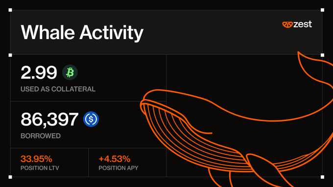 A "Whale Activity" dashboard from Zest Protocol displays that 2.99 BTC is being used as collateral to borrow 86,397 USDC, achieving a position LTV of 33.95% and a net position APY of +4.53%. The image visually reinforces the post's claim about staking BTC and borrowing USDC on Zest Protocol via Stacks to earn over 4% APY.