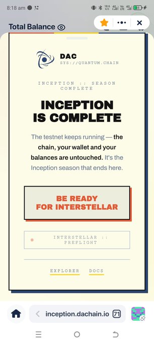 A mobile screenshot of the 'inception.dachain.io' webpage displaying a 'DAC' logo with $TST://QUANTUM.CHAIN, announcing 'INCEPTION IS COMPLETE' and instructing users to 'BE READY FOR INTERSTELLAR' as the Inception season ends, with the Interstellar Pre-flight phase beginning.