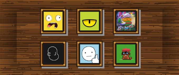 Six framed pixel-art characters and creatures hang on a wooden plank wall, including a wide-eyed yellow face, a green cyclops, a colorful monster, a minimalist black-and-white face, a white smiley, and a green blocky figure wearing sunglasses, visually representing the diverse community members who applied for the project's whitelist.
