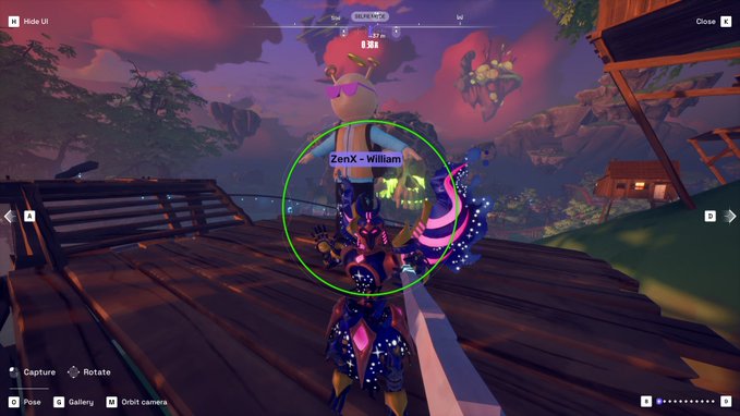 A video game screenshot (likely from Fortnite or similar) showing a character with a green circle targeting ring around a colorful creature labeled 'ZenX - William' on a wooden dock at sunset.