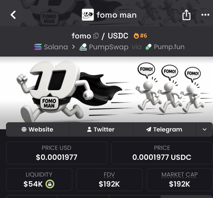 "Fomo Man" is a cryptocurrency on Solana with a price of $0.0001977 USDC, and the accompanying post suggests buying more.