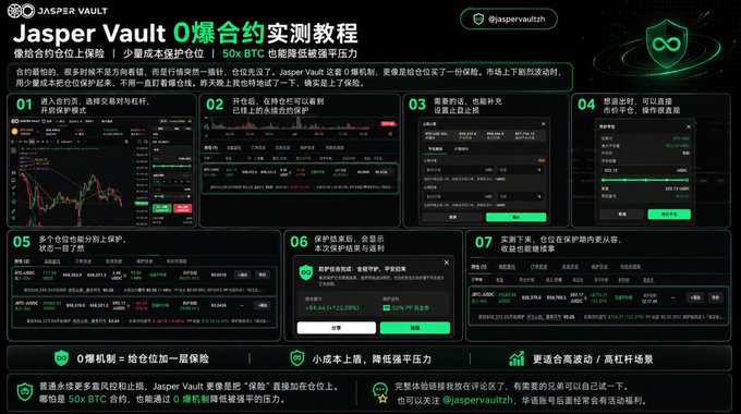 A Chinese-language tutorial infographic from Jasper Vault titled 'Jasper Vault 0爆合约实测教程' showing a 7-step guide for zero-liquidation perpetual contract trading.