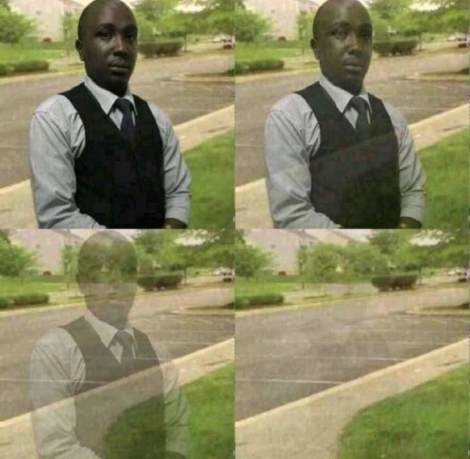 A four-panel meme of a man in a vest slowly fading away into a background of trees and pavement.