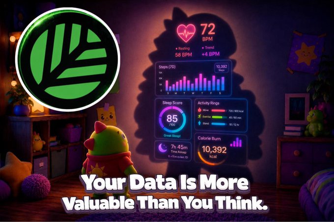 The image shows a room with a green light-up design featuring a cartoon dragon. A sign above the dragon reads "Your data is more valuable than you think." The dragon's shadow is cast onto an electronic display screen showing various health and fitness statistics, including heart rate, sleep score, calories burned, and much more. The room appears to be a bedroom with bedding and other furnishings visible in the background.