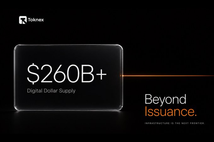The image is a sleek, dark-themed promotional graphic from **Toknex** featuring a glowing transparent card displaying "$260B+ Digital Dollar Supply" alongside the tagline **"Beyond Issuance. Infrastructure is the Next Frontier."** The graphic visually reinforces the post's message by highlighting the massive combined stablecoin supply (USDT + USDC) while shifting focus from issuance volume to the infrastructure challenge that follows.