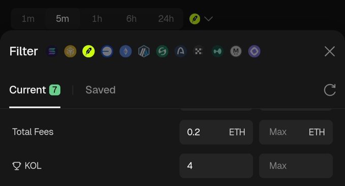A dark-themed digital interface showing filter options with time ranges (1m, 5m, 1h, 6h, 24h) and current settings including 'Total Fees' at 0.2 ETH and 'KOL' at 4.