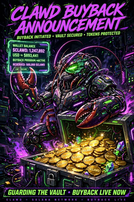A cyberpunk-style 'CLAWD BUYBACK ANNOUNCEMENT' featuring a robotic lobster, showing a wallet balance of $1,247,892 and 500,000 $CLAWD reserved.