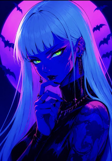 An anime-style illustration of a pale character with long white hair, glowing green eyes, and gothic accessories, set against a purple background with bats.