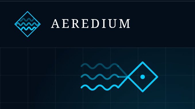 The image features a logo for a company named @aeredium. The logo consists of two elements - a blue square containing a wave design and a blue diamond with a fish-like shape, both set against a dark background. The text "Aeredium" is written in white above the logo. The post mentions that the combination of TEEs and ZK elements can be used to balance performance needs with data privacy requirements for applications within the broader crypto ecosystem.