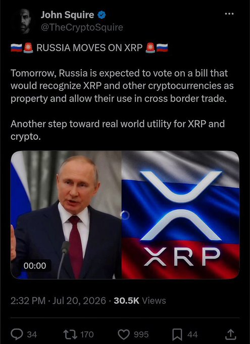 A post from @TheCryptoSquire announces Russia is expected to vote on a bill to recognize XRP and other cryptocurrencies, which the accompanying text claims will crown XRP king after the Clarity Act in the USA is passed.