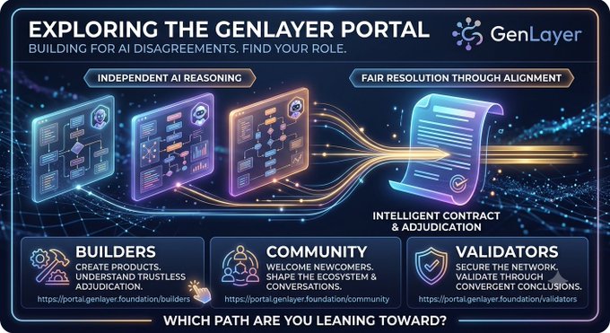 The image is a promotional graphic titled "Exploring the GenLayer Portal" that outlines two main themes—"Independent AI Reasoning" and "Fair Resolution Through Alignment" along with an "Intelligent Contract & Adjudication" section, followed by three role categories: Builders, Community, and Validators, each linking to respective portal pages on genlayer.foundation. The graphic visually reinforces the post's narrative of someone exploring the portal and weighing the Community versus Builder paths before deciding where they fit.