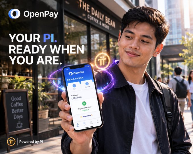 A young man stands outside "The Daily Bean Coffee & More" holding up a smartphone displaying the OpenPay app, which shows a Pi balance of "1,234.56 π" with "Send & Receive" and "Payment Received" notifications, visually reinforcing the ad's message that sending and receiving Pi is simple and convenient wherever you are.